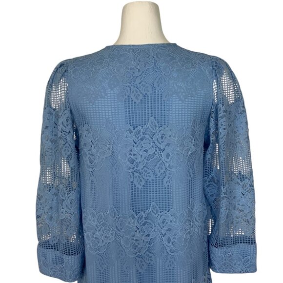 Ganni Lace Mini Dress 38 Placid Blue 3/4 Sleeve Zipper Front Shift MISSING BELT - Picture 9 of 12